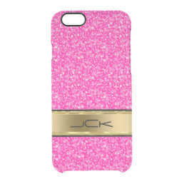 Monogramed Elegant Pink Glitter Gold Accents Clear iPhone 6/6S Case