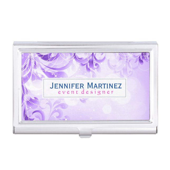Monogramed Elegant Purple Flowers & Glitter Business Card Holder (Front)