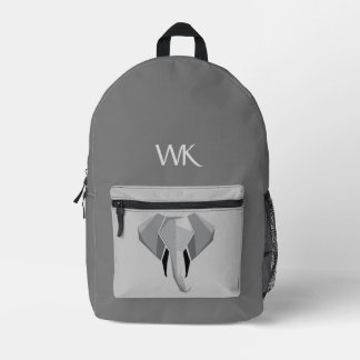 Monogramed Elephant Head Design Gray Printed Backpack