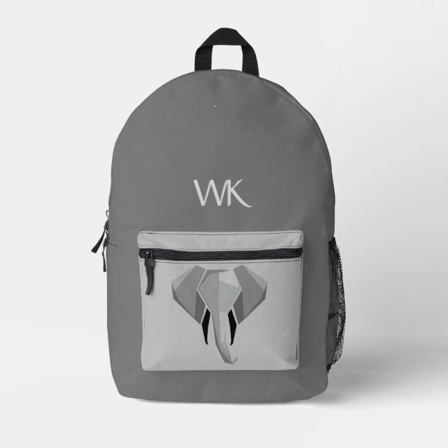 Monogramed Elephant Head Design Gray Printed Backpack (Front)