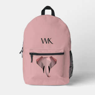 Monogramed Elephant Head Design Pink Printed Backpack