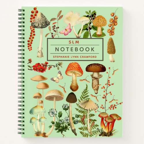 Monogramed Enchanting Vintage Forest Mushrooms  Notebook