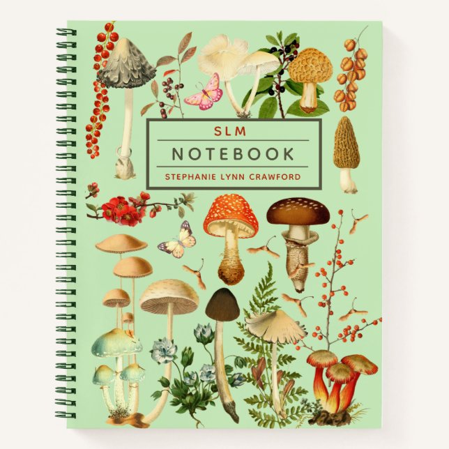 Monogramed Enchanting Vintage Forest Mushrooms  Notebook (Front)