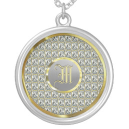 Monogramed Faux Diamonds, Gold &amp; Steel Silver Plated Necklace
