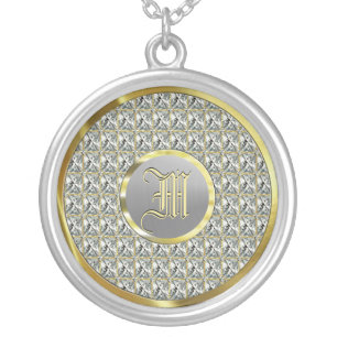 Monogramed Faux Diamonds, Gold & Steel Silver Plated Necklace
