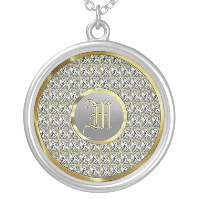 Monogramed Faux Diamonds, Gold & Steel Silver Plated Necklace (Front)