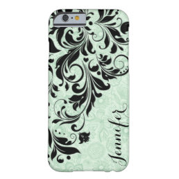 Monogramed Floral Black Lace &amp; Light Green Damask Barely There iPhone 6 Case