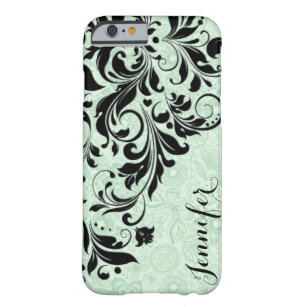 Monogramed Floral Black Lace & Light Green Damask Barely There iPhone 6 Case