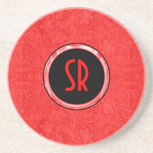 Monogramed Floral Design Red Suede Leather Look Drink Coaster