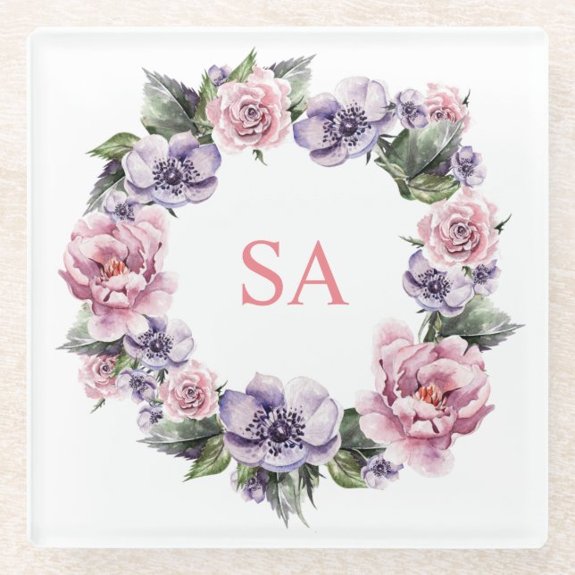 Monogramed Garland of Flowers Glass Coaster (Front)
