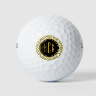 Monogramed Gold And Black Circle Frame Golf Balls
