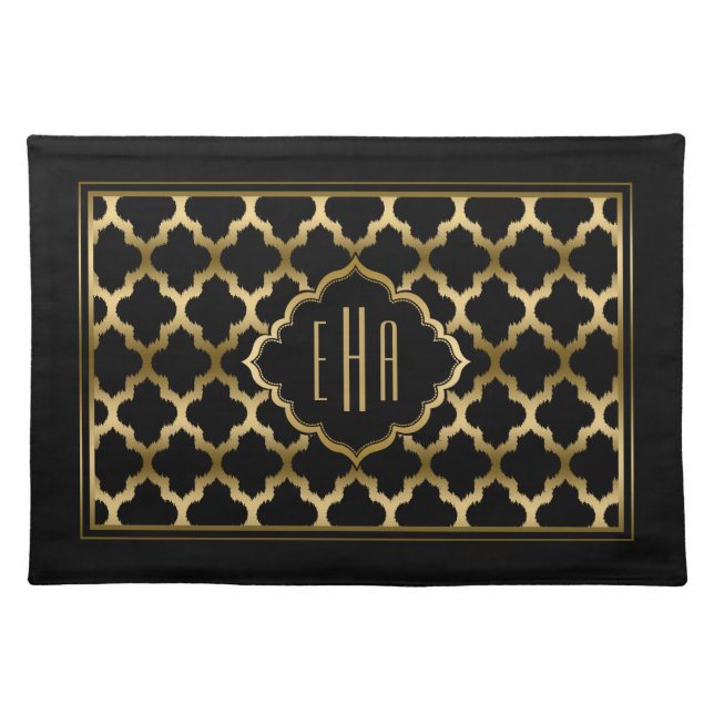Monogramed Gold And Black Ikat Quatrefoil Pattern Placemat (Front)