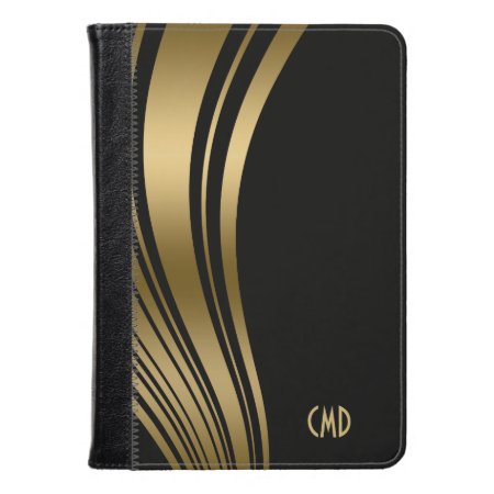 Monogramed Gold And Black Wavy Stripes Kindle Case