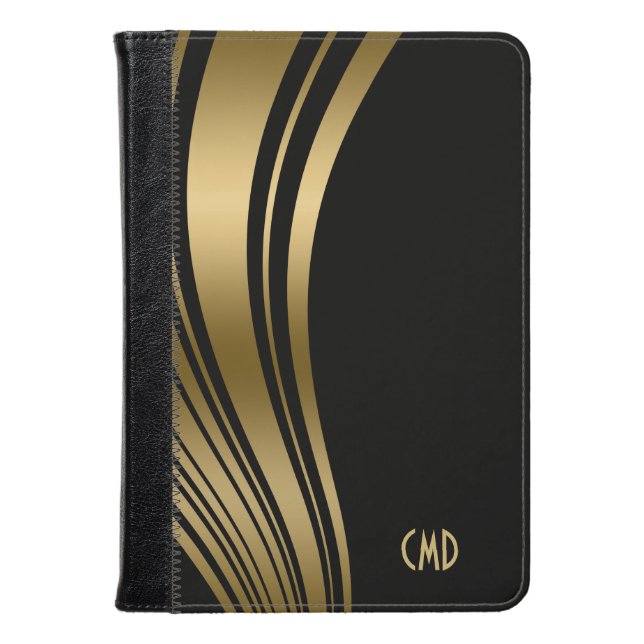 Monogramed Gold And Black Wavy Stripes Kindle Case (Front Closed)