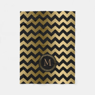 Monogramed Gold And Black Zigzag Chevron Fleece Blanket