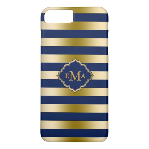 Monogramed Gold And Blue Stripes Geometric Pattern iPhone 8 Plus7 Plus Case