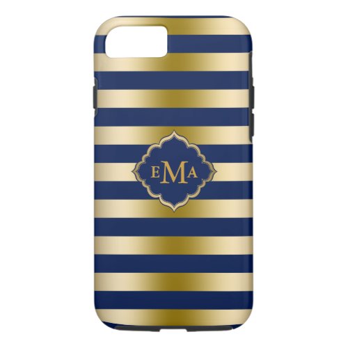 Monogramed Gold And Blue Stripes Geometric Pattern iPhone 87 Case