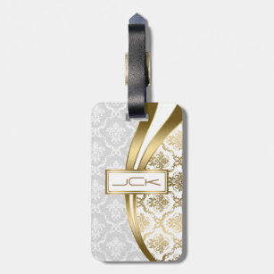 Monogramed Gold And White Floral Damasks Luggage Tag