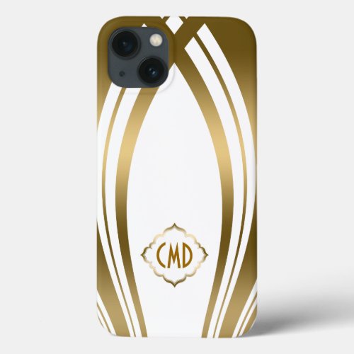 Monogramed Gold And White Wavy Stripes iPhone 13 Case