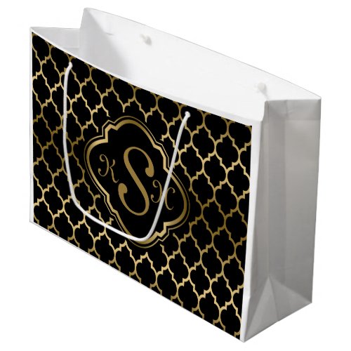 Monogramed Gold  Black Quatrefoil Pattern Large Gift Bag