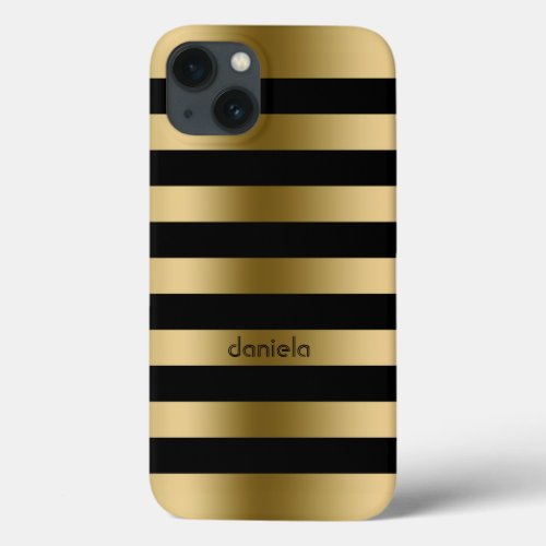 Monogramed Gold  Black Stripes Geometric Pattern iPhone 13 Case