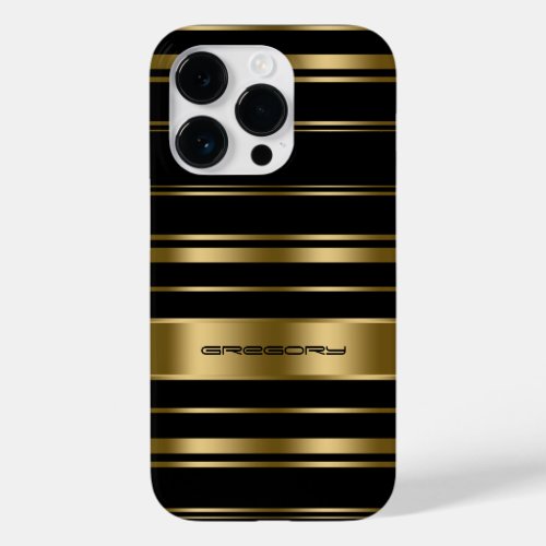 Monogramed Gold  Black Stripes Pattern Case_Mate iPhone 14 Pro Case