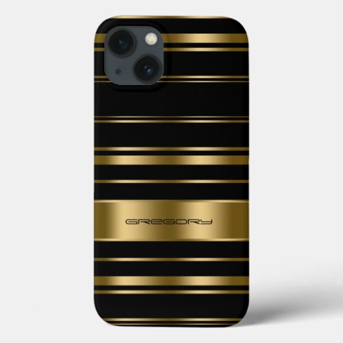 Monogramed Gold  Black Stripes Pattern iPhone 13 Case