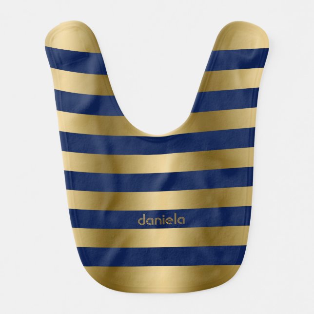 Monogramed Gold & Blue Stripes Geometric Pattern Baby Bib (Front)