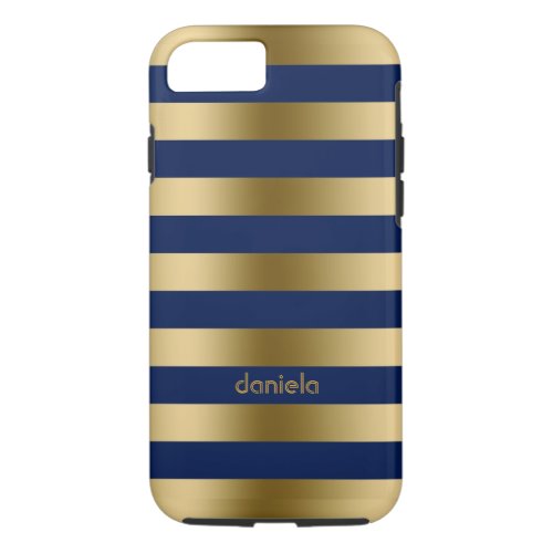 Monogramed Gold  Blue Stripes Geometric Pattern iPhone 87 Case