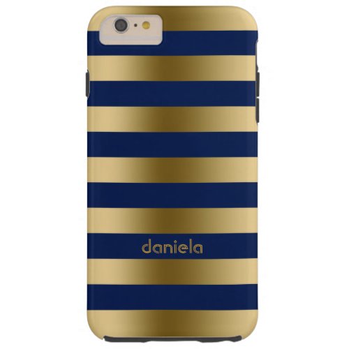 Monogramed Gold  Blue Stripes Geometric Pattern Tough iPhone 6 Plus Case