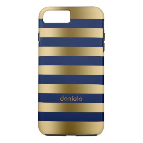 Monogramed Gold  Blue Stripes Geometric Pattern iPhone 8 Plus7 Plus Case