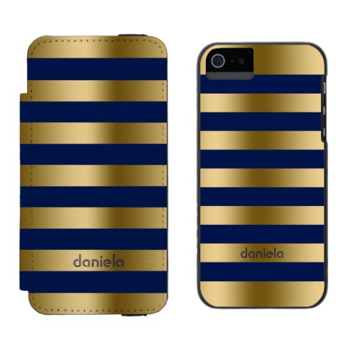 Monogramed Gold  Blue Stripes Geometric Pattern iPhone SE55s Wallet Case