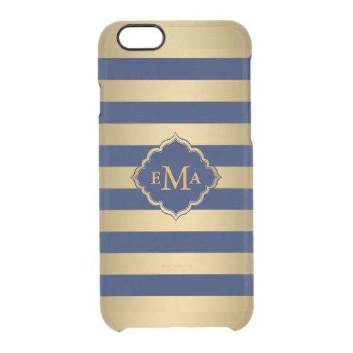 Monogramed Gold  Blue Stripes Geometric Pattern Clear iPhone 66S Case