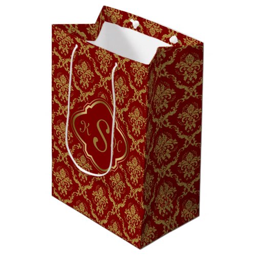 Monogramed Gold  Burgundy Red Floral Damasks Medium Gift Bag