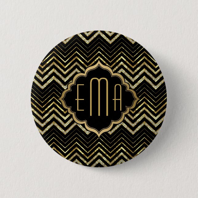 Monogramed Gold Glitter & Zigzag Chevron Pattern Button (Front)