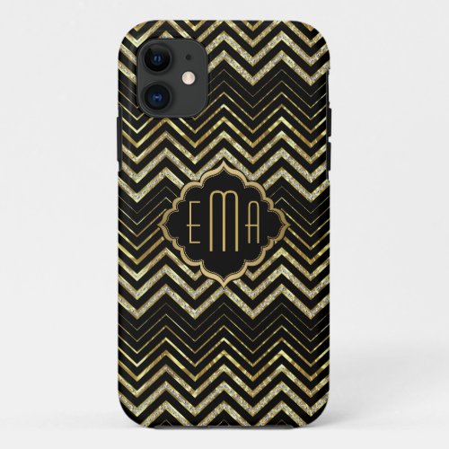 Monogramed Gold Glitter Zigzag Chevron Pattern iPhone 11 Case