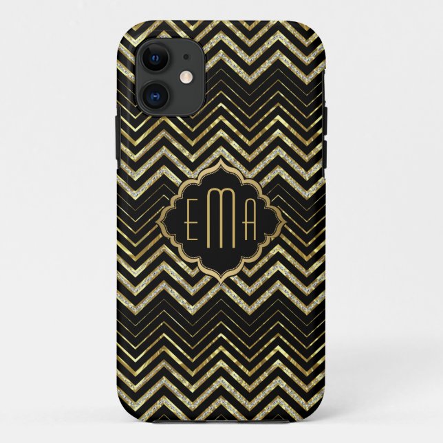 Monogramed Gold Glitter Zigzag Chevron Pattern Case-Mate iPhone Case (Back)