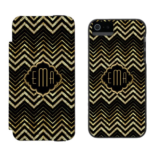 Monogramed Gold Glitter Zigzag Chevron Pattern Wallet Case For iPhone SE55s
