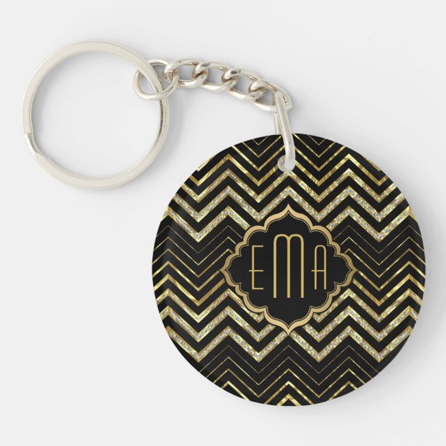 Monogramed Gold Glitter & Zigzag Chevron Pattern Keychain (Front)