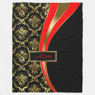 Monogramed Gold Red & Black Floral Damask 2 Fleece Blanket