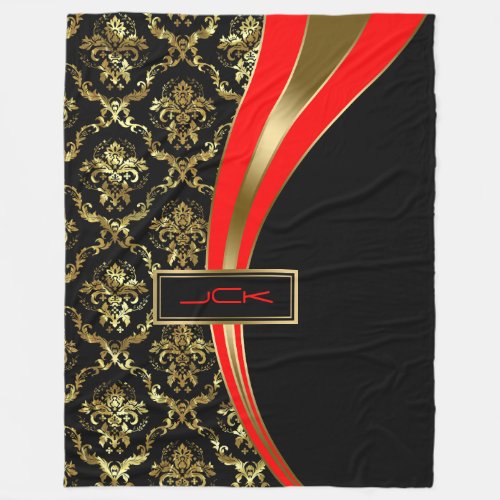 Monogramed Gold Red  Black Floral Damask 2 Fleece Blanket