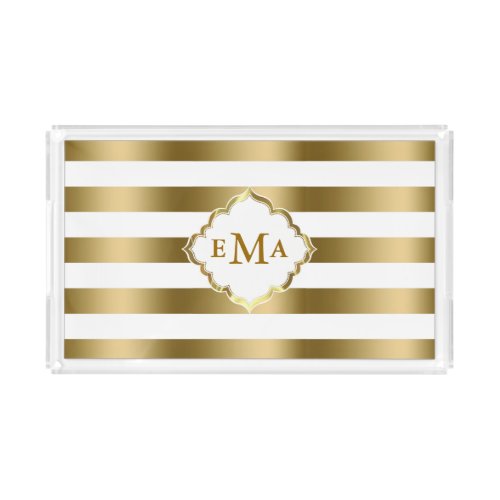 Monogramed Gold Stripes Geometric Pattern Acrylic Tray