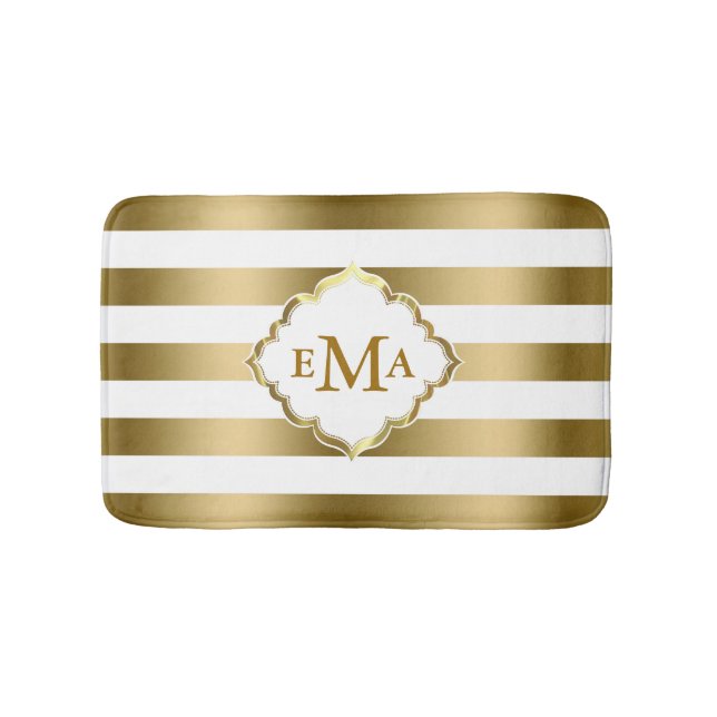 Monogramed Gold Stripes Geometric Pattern Bathroom Mat (Front)