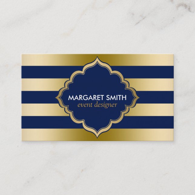 Monogramed Gold Stripes Geometric Pattern Business Card (Front)