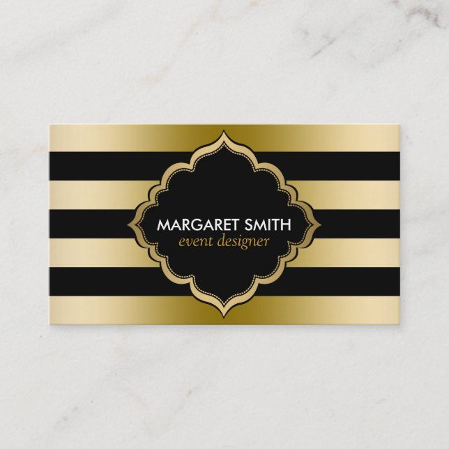 Monogramed Gold Stripes Geometric Pattern Business Card (Front)