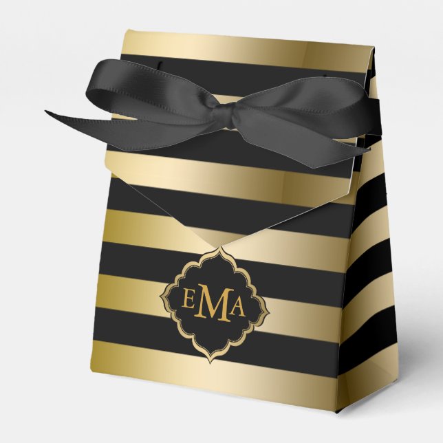 Monogramed Gold Stripes Geometric Pattern Favor Boxes (Front Side)