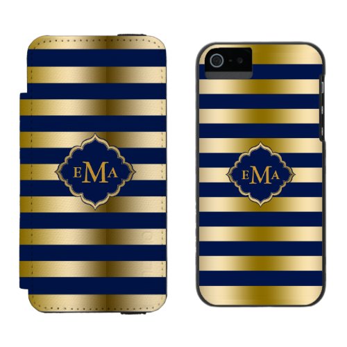 Monogramed Gold Stripes Geometric Pattern Wallet Case For iPhone SE55s