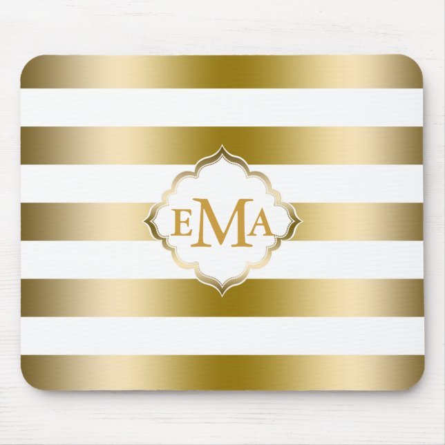 Monogramed Gold Stripes Geometric Pattern Mouse Pad (Front)