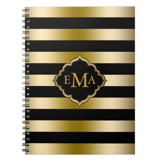 Monogramed Gold Stripes Geometric Pattern Notebook (Front)