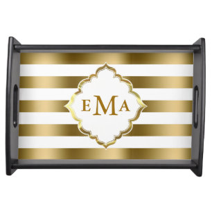 Monogramed Gold Stripes Geometric Pattern Serving Tray